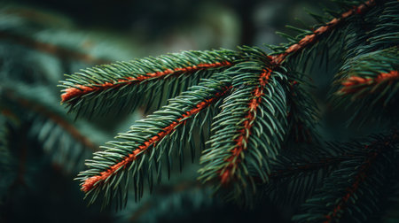 A detailed close-up of a spruce tree branch showcasing vibrant green needles, highlighting the natural beauty and tranquility of the forest environment.の素材