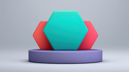 Explore a visually striking composition of colorful hexagons resting on a simple pedestal, embodying modern design and minimalism in a studio setting.の素材