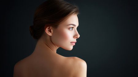 This captivating portrait features a young woman in profile, showcasing her soft features and elegant demeanor against a dramatic dark background, embodying beauty.の素材