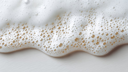 This close-up image showcases a creamy foam with tiny bubbles, creating soft wave patterns on a light background, ideal for beverage, culinary, and artistic themes.の素材