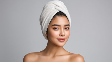 This portrait captures a young woman with a towel on her head, radiating natural beauty and confidence. The light gray background enhances the serene atmosphere of the image.の素材