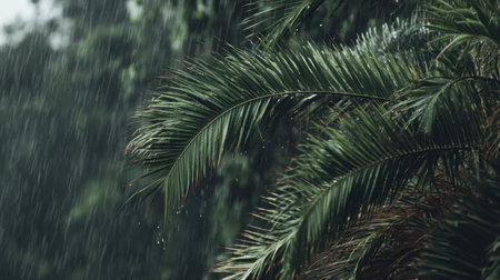 This captivating image showcases raindrops cascading down vibrant palm leaves in a lush tropical environment, conveying the serenity and beauty of nature during a rainstorm.の素材