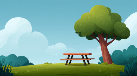 A serene park setting features a picnic table beneath a large tree, surrounded by lush greenery and a bright sky with clouds. Perfect for outdoor relaxation and enjoyment.の素材