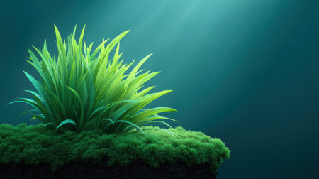 A stunning image of vibrant green grass growing on a mossy surface, illuminated by soft light, creating a serene and peaceful atmosphere for nature lovers.の素材