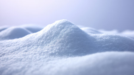 A close-up view of soft, white snow, showcasing gentle contours and a tranquil winter landscape illuminated by diffused natural light, perfect for seasonal themes.の素材