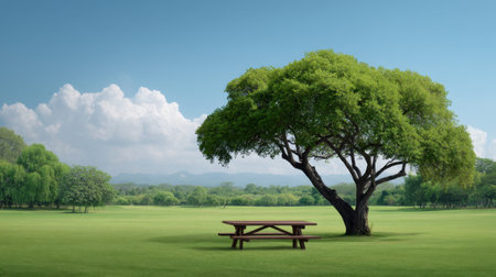 A picturesque outdoor scene featuring a large green tree next to a wooden picnic table set on vibrant grass, complemented by a clear blue sky and gentle white clouds.の素材