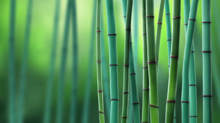 This image features vibrant green bamboo stalks standing tall against a soft-focused background, symbolizing peace and tranquility. A perfect choice for nature-themed projects.の素材