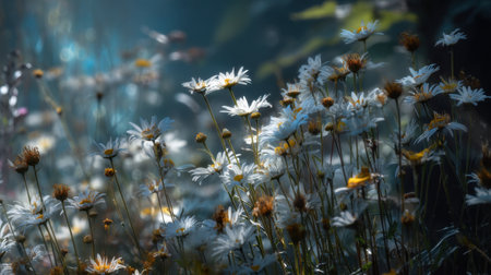 A captivating view of a meadow filled with vibrant wildflowers and soft natural light, creating a serene ambiance perfect for nature enthusiasts and photographers.の素材