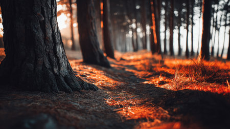 A serene forest pathway illuminated by soft sunlight. The warm autumn tones create a peaceful atmosphere, inviting exploration and connection with nature.の素材