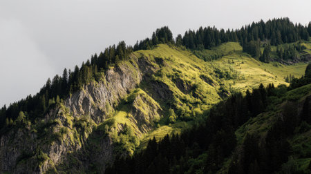 Captivating view of a lush mountain landscape showcasing vibrant greenery and evergreen trees against a soft cloudy sky, highlighting the beauty of nature.の素材