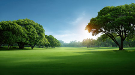 Experience the tranquility of a lush green landscape bathed in morning sunlight, featuring majestic trees and a pristine field, perfect for relaxation and reflection.の素材