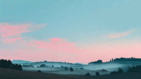 A serene landscape captures the beauty of dawn with gentle mist rolling over hills and silhouetted trees, creating a tranquil atmosphere perfect for relaxation.の素材