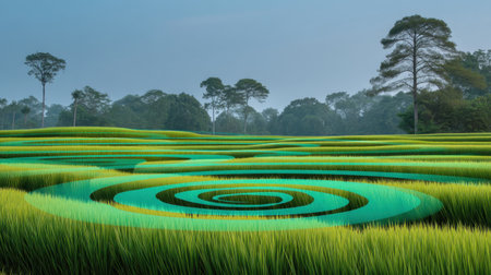 Explore this mesmerizing landscape of green rice fields featuring intricate serpentine patterns. The tranquil environment celebrates nature's harmony and beauty.の素材