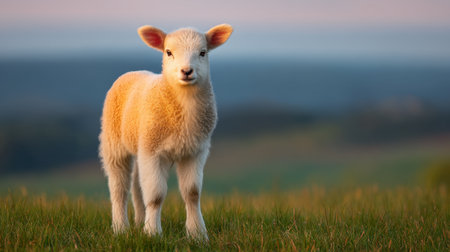 A charming baby lamb stands gracefully on fresh green grass during a peaceful sunrise. The soft light enhances the beautiful landscape, evoking feelings of tranquility.の素材