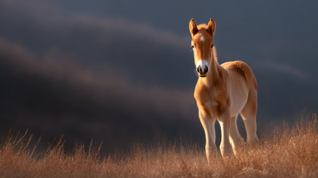 A captivating image of a young horse standing in golden grass, bathed in soft evening light. The serene setting highlights the horse's beauty against a majestic backdrop.の素材