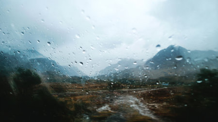 Captivating image of raindrops on a window, providing a unique view of a blurry mountain landscape during a rainy day, showcasing nature's serene beauty.の素材