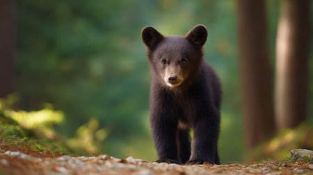 A young bear exploring a peaceful forest path, showcasing its innocence and curiosity. Soft sunlight highlights the vibrant greenery, creating a captivating nature scene.の素材