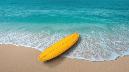 A vibrant yellow surfboard rests on soft sand at the beach, with gentle turquoise waves softly rolling in. Perfect scene for summer relaxation and coastal adventure.の素材