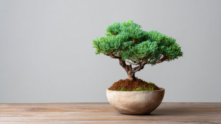 A beautifully shaped green bonsai tree sits gracefully in a wooden pot, designed to bring a sense of tranquility and natural beauty to any indoor space.の素材