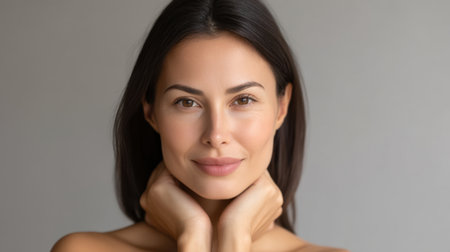 This stunning portrait features a confident woman with a soothing expression, embodying beauty and strength. Ideal for concepts related to wellness and empowerment.の素材