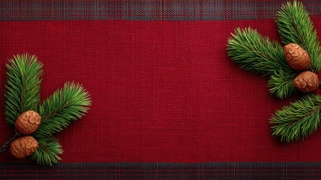 This vibrant red background features lush pine branches and charming pine cones, perfect for creating a warm, cozy atmosphere for Christmas and winter celebrations.の素材