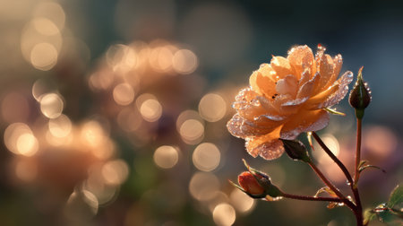 A stunning close-up of a delicate rose with morning dew glistening on its petals. The soft light and bokeh background create a serene and beautiful floral scene.の素材
