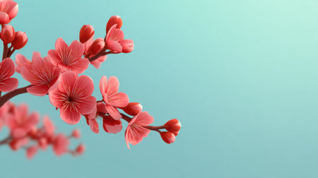 A stunning composition featuring delicate pink blossoms on a branch, set against a soft teal background, creating an atmosphere of spring, beauty, and tranquility.の素材