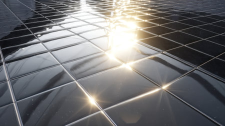 A stunning close-up of a glossy black tile floor, showcasing beautiful reflections and natural light. Ideal for anyone in need of modern interior design inspiration.の素材