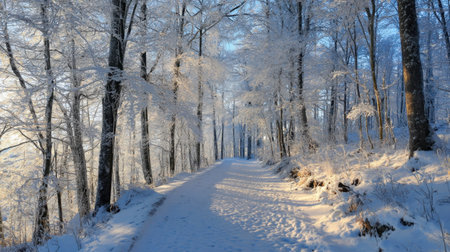 A stunning winter scene featuring a peaceful snowy pathway weaving through a frosted forest, illuminated by gentle sunlight, capturing the beauty of nature in a serene moment.の素材