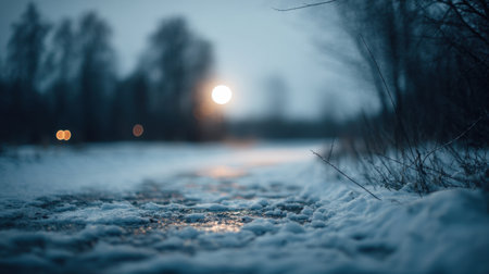 A serene winter landscape at dusk, featuring a snow-covered pathway with soft light and gentle shadows, creating a peaceful atmosphere perfect for winter lovers.の素材