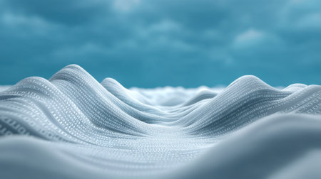 An abstract digital landscape features flowing waves of binary code, with a serene blue sky and clouds. Perfect for technology, data themes, and modern designs.の素材