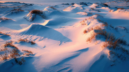 A captivating winter scene features snow-covered dunes kissed by gentle morning sunlight, creating a tranquil and enchanting atmosphere in nature's beauty.の素材