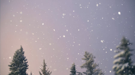This serene image captures gentle snowfall blanketing pine trees in a quiet winter landscape during dusk, creating a peaceful and magical atmosphere to inspire viewers.の素材