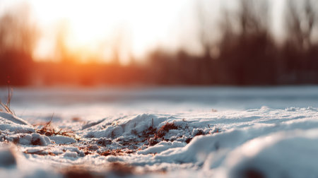 A breathtaking winter landscape showcasing a snowy ground illuminated by a soft sunrise glow, evoking tranquility and beauty of nature in a serene morning setting.の素材