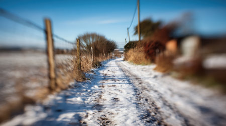 This beautiful winter scene features a snowy pathway bordered by fences and trees, illuminated by bright sunlight under a clear blue sky, ideal for seasonal imagery.の素材