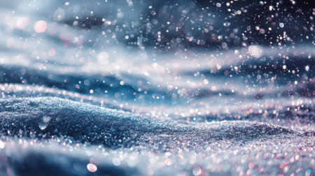 A mesmerizing close-up image of sparkling particles over a snowy surface, capturing the essence of winter with a dreamy, serene atmosphere and delicate details.の素材