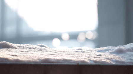 A close-up of soft snow covering a surface, illuminated by bright light and blurred background. This image captures the peaceful essence of a snowy winter day.の素材