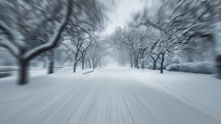 A beautiful winter landscape showcasing snow-covered trees lining a quiet, empty road. The scenery embodies tranquility and a serene ambiance perfect for nature lovers.の素材