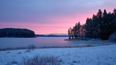 Capture the essence of a tranquil winter morning with stunning colors reflecting on a calm lake, surrounded by snow-covered trees and a serene atmosphere.の素材