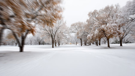A tranquil winter scene featuring a snowy landscape, blurred trees with golden leaves, and a peaceful pathway. The serene atmosphere invites relaxation and reflection.の素材