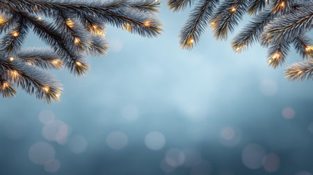 A serene winter scene showcasing frosty pine branches with warm glowing lights against a soft blue backdrop, creating a magical and festive atmosphere perfect for celebrations.の素材