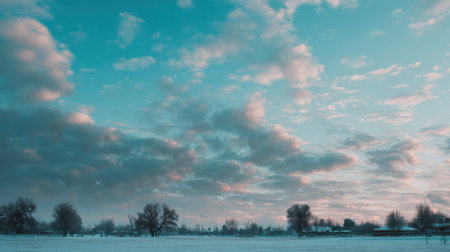 A breathtaking winter landscape showcases a snowy ground under a soft, cloud-filled sky. The tranquil scene captures the beauty of nature at dusk, inviting peace.の素材