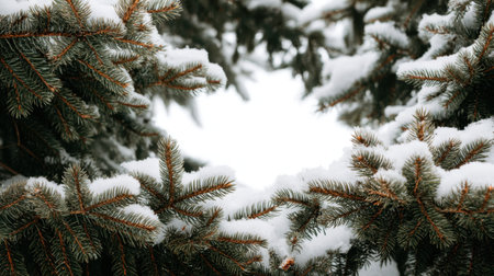 A captivating scene of snow-covered pine branches creates a natural frame against a white winter backdrop, evoking a serene and peaceful atmosphere in nature.の素材