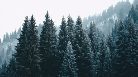 A serene winter scene featuring snowy evergreen trees on a mountain slope, enveloped in fog, capturing the beauty and tranquility of nature in its purest form.の素材