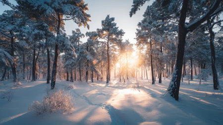 A captivating winter landscape showcasing sunlight streaming through a frosty forest, illuminating the pristine snow-covered ground and creating a peaceful atmosphere.の素材