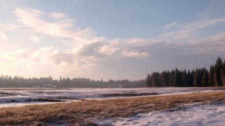 A peaceful winter landscape captures the essence of a serene morning. Soft clouds drift across a bright sky over a snow-covered field and evergreen trees.の素材
