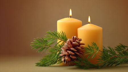 This image features two warm yellow candles amidst pine branches and a pinecone, creating a serene and cozy environment perfect for winter celebrations and holiday dの素材