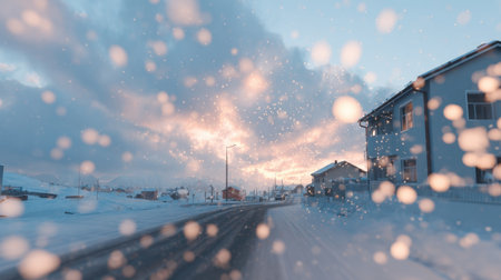 A serene winter evening captures a residential street blanketed in snow, with gently falling flakes illuminated by a warm sunset, creating a tranquil atmosphere.の素材