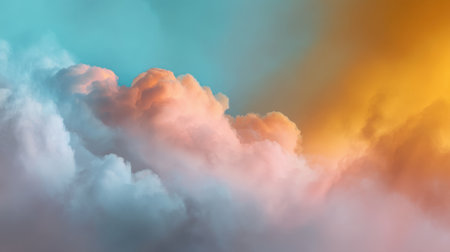 Soft pastel clouds in a gradient of blue, pink, and orange fill the sky, creating a calming scene that evokes serenity and peace, perfect for relaxation.の素材