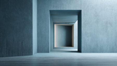 Explore a minimalist interior featuring cubic openings that allow soft natural light to enhance the cool tones, creating a serene atmosphere perfect for design inspiration.の素材